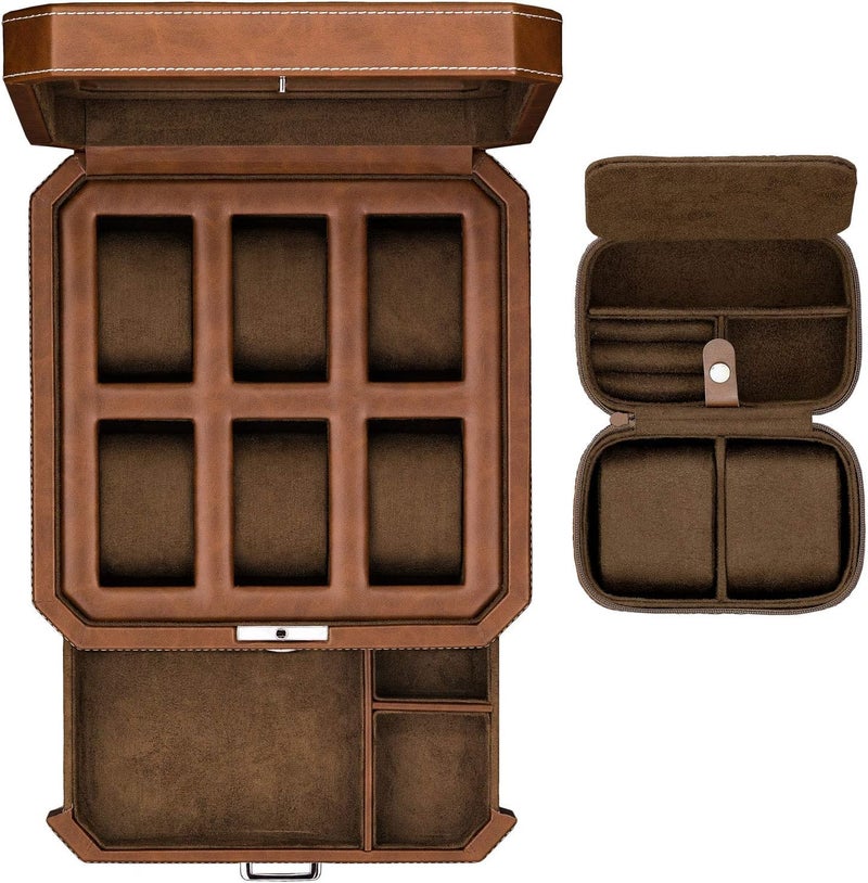 ROTHWELL Gift Set 6 Slot Leather Watch Box with Valet Drawer - Luxury Watch Case Display Organizer, Microsuede Liner, Locking Jewelry Box, Mens Storage Boxes Holder Large Glass Top (Tan/Brown Gift Set) - Image 1